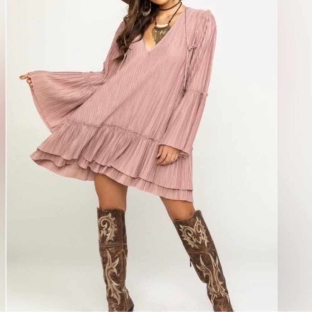 Free People Dusty Rose Accordion Bell Sleeve Oversized Tiered V-neck Mini Dress